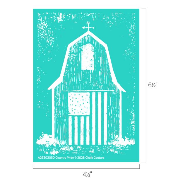 A white barn illustration on a teal background, featuring an American flag design on its front. Dimensions are 6½ inches tall by 4½ inches wide. Text at the bottom reads: "Country Pride © 2026 Chalk Couture.