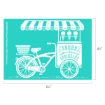 White illustration of a vintage ice cream bike cart with a striped canopy and four ice cream cones. The cart reads “Sunny with a chance of sprinkles.” Dimensions are 6½" wide by 4½" high. Turquoise background.
