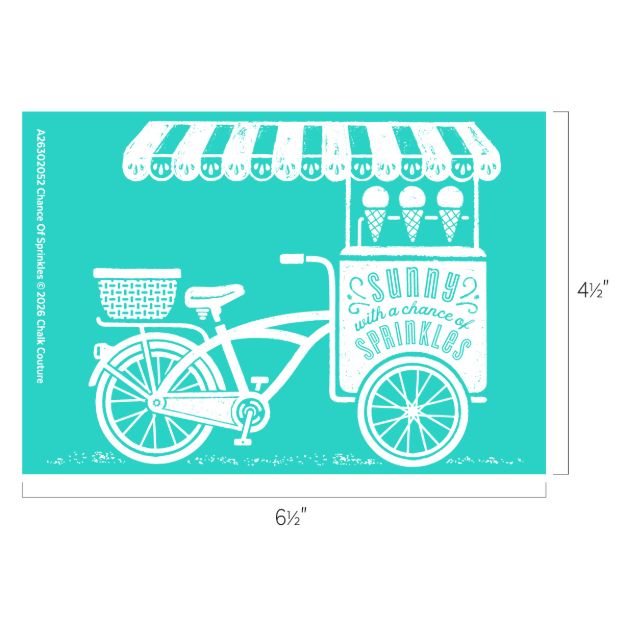 White illustration of a vintage ice cream bike cart with a striped canopy and four ice cream cones. The cart reads “Sunny with a chance of sprinkles.” Dimensions are 6½" wide by 4½" high. Turquoise background.