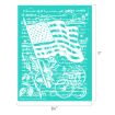 A teal background with a white illustration featuring a waving American flag, vintage text from the Declaration of Independence, botanical drawings, and postal stamp graphics. Dimensions are 8.5 x 11 inches.