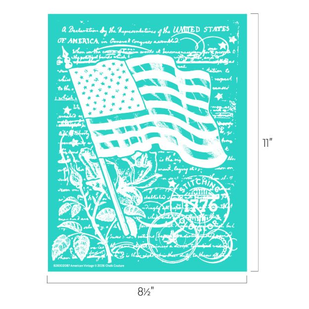 A teal background with a white illustration featuring a waving American flag, vintage text from the Declaration of Independence, botanical drawings, and postal stamp graphics. Dimensions are 8.5 x 11 inches.
