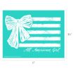 A turquoise rectangle measuring 11 by 8.5 inches features a white hand-drawn bow and stripes, resembling a stylized flag. “All American Girl” is written in script at the bottom right.