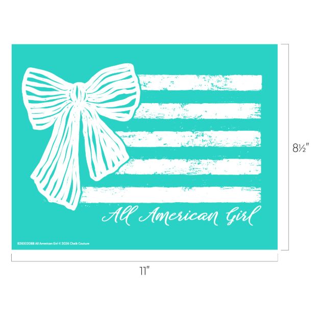 A turquoise rectangle measuring 11 by 8.5 inches features a white hand-drawn bow and stripes, resembling a stylized flag. “All American Girl” is written in script at the bottom right.
