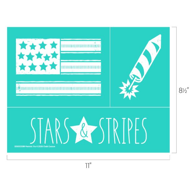 A turquoise graphic with a white stylized American flag, a firework, and the text "STARS & STRIPES" with a star between the words. Dimensions are 11 inches wide by 8.5 inches tall.