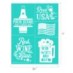 A teal graphic with four white patriotic designs: a beer bottle with "Four score and 7 beers ago", a wine glass with "Rosé in the USA", a waving flag, and "Red, wine, & blue" with "Red white and brew" in a beer mug.
