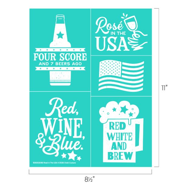 A teal graphic with four white patriotic designs: a beer bottle with "Four score and 7 beers ago", a wine glass with "Rosé in the USA", a waving flag, and "Red, wine, & blue" with "Red white and brew" in a beer mug.