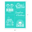 A turquoise graphic featuring five beach-themed sections: sunglasses with “Resting Beach Face,” a dog with a drink labeled “Tanned & Tipsy,” “Sunshine & Tanlines” text, a van saying “Sun & Fun,” and a sun with “You Are My Sunshine.”.