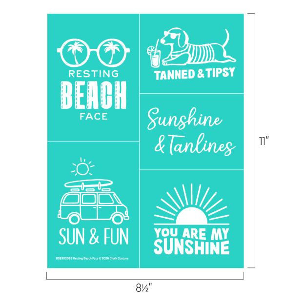 A turquoise graphic featuring five beach-themed sections: sunglasses with “Resting Beach Face,” a dog with a drink labeled “Tanned & Tipsy,” “Sunshine & Tanlines” text, a van saying “Sun & Fun,” and a sun with “You Are My Sunshine.”.