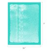 A turquoise stencil sheet measuring 8.5 by 11 inches features a diagonal line pattern and distressed edges, with the dimensions labeled along the sides.
