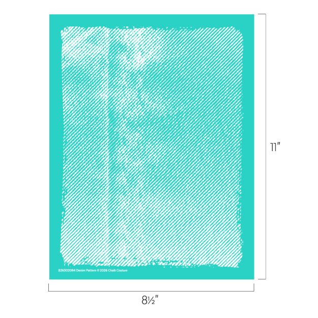 A turquoise stencil sheet measuring 8.5 by 11 inches features a diagonal line pattern and distressed edges, with the dimensions labeled along the sides.