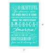 Turquoise poster with white text quoting "America the Beautiful" lyrics, decorated with firework illustrations. Dimensions shown: 18 inches tall by 12 inches wide.