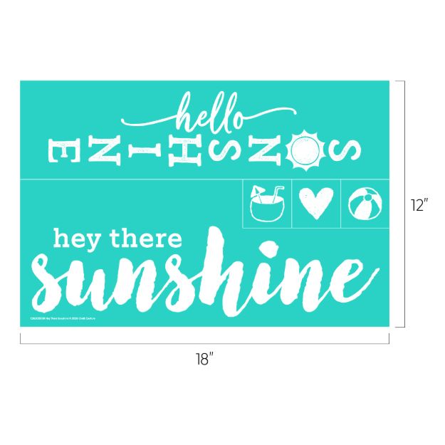 Turquoise stencil sheet (18"x12") with white summer-themed text and images: "hello SUNSHINE," "hey there sunshine," sun, drink, heart, and beach ball. Some text is upside down for stencil use.