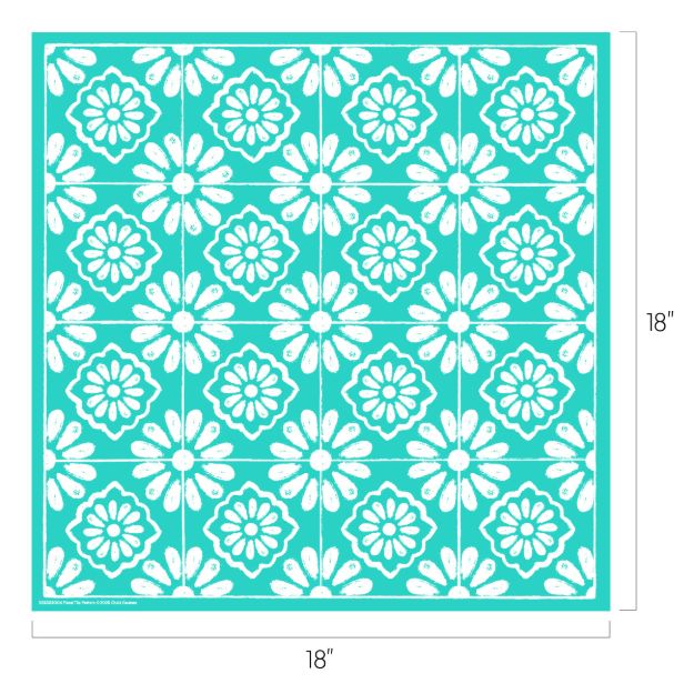 A square, teal-colored tile design with a repeating white floral pattern. The tile measures 18 inches by 18 inches, with each smaller tile featuring a symmetrical flower motif.