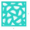 A teal square stencil, 9 by 9 inches, featuring a repeating pattern of watermelon slices decorated with small white stars.