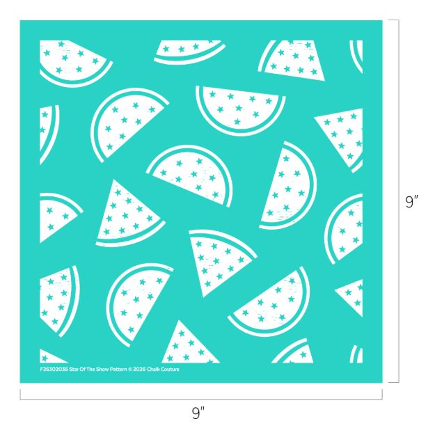 A teal square stencil, 9 by 9 inches, featuring a repeating pattern of watermelon slices decorated with small white stars.