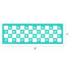 A teal rectangular stencil, 18 inches by 6 inches, featuring a checkerboard pattern of squares and flower designs arranged in alternating rows.