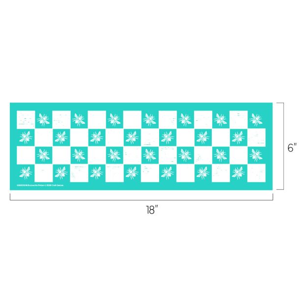 A teal rectangular stencil, 18 inches by 6 inches, featuring a checkerboard pattern of squares and flower designs arranged in alternating rows.