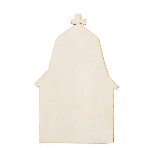 A plain, light-colored wooden cutout in the shape of a simple church with a pitched roof and a small cross on top, isolated on a white background.