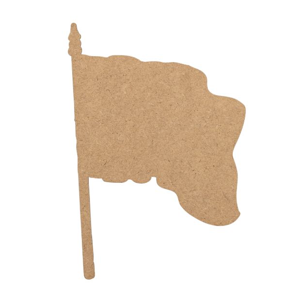 A plain, unpainted wooden cutout in the shape of a waving flag on a pole, set against a white background.