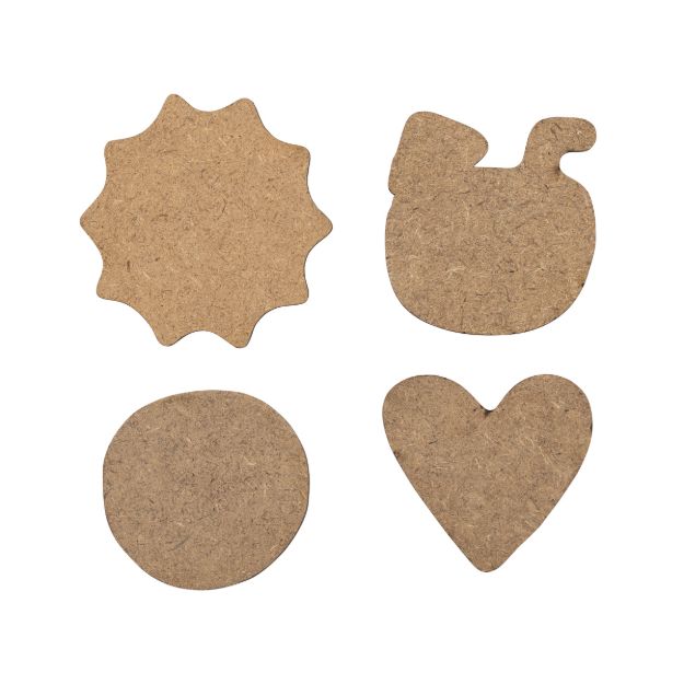 Four brown cardboard cutouts in different shapes: a sunburst, a teapot, a circle, and a heart, arranged in a grid on a white background.