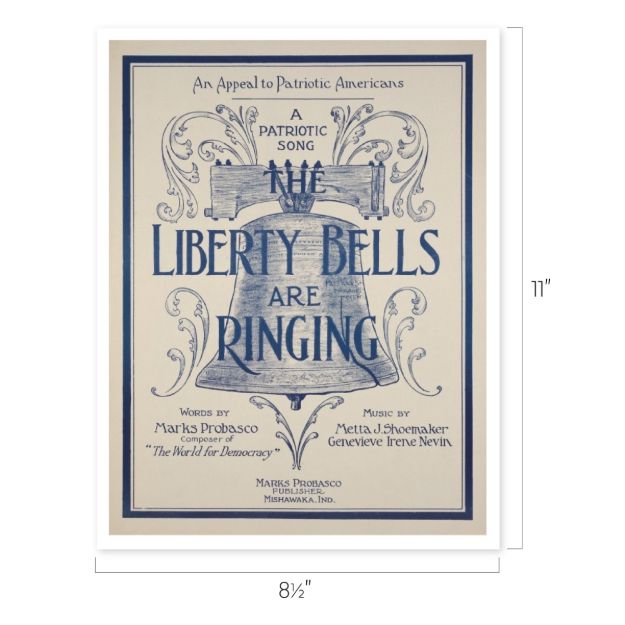 Vintage sheet music cover titled "The Liberty Bells Are Ringing," featuring a large illustration of the Liberty Bell with ornate text and decorative flourishes, dimensions 8.5 inches by 11 inches.