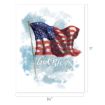 An illustration of a waving American flag on a blue and white painted background, with the words “God Bless” written in script below the flag. The image size is 8.5" wide by 11" tall.