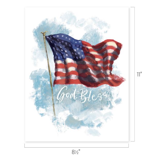 An illustration of a waving American flag on a blue and white painted background, with the words “God Bless” written in script below the flag. The image size is 8.5" wide by 11" tall.