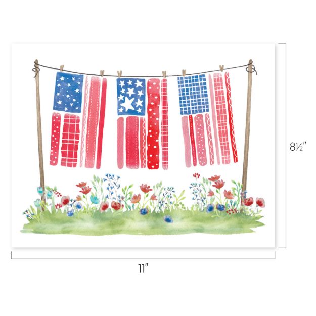 Watercolor illustration of red, white, and blue patterned quilts hanging on a clothesline between two poles, with flowers and grass below. The image measures 11 by 8.5 inches.