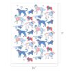 Illustration of multiple dogs in blue and red clothing, scattered across a white background with small stars. Dimensions of the paper are shown as 8.5 inches wide by 11 inches tall.