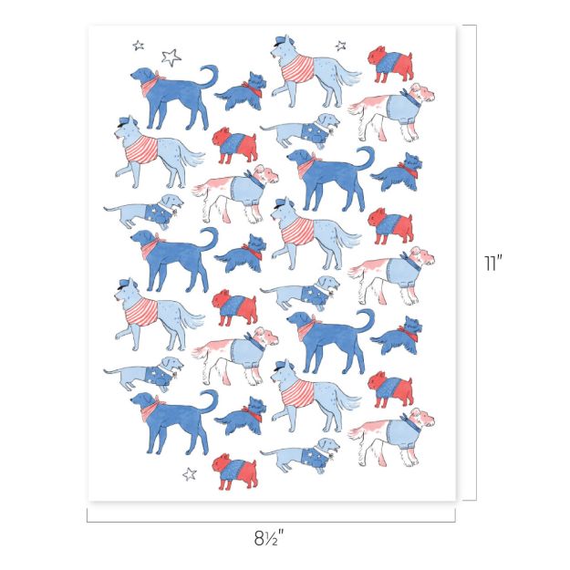 Illustration of multiple dogs in blue and red clothing, scattered across a white background with small stars. Dimensions of the paper are shown as 8.5 inches wide by 11 inches tall.