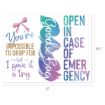 A colorful card with a pink bow, text saying "You're impossible to shop for ~ but I gave it a try" and "Goodies bag" in script, plus "Open in case of emergency" in bold, gradient letters. Card measures 11" by 8.5".