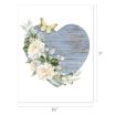 A heart-shaped piece of blue wooden board decorated with white flowers and greenery, with two butterflies, set against a white background. Dimensions are 8.5 inches wide by 11 inches tall.