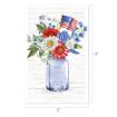 A mason jar labeled "EST. 1776" holds red, white, and blue flowers along with greenery and a small American flag. The background is white with a subtle wood texture. The image dimensions are 11" by 17".