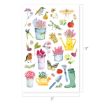 A colorful illustration featuring garden-themed items like potted flowers, a watering can, gardening tools, boots, birds, butterflies, insects, fruits, and vegetables. The image measures 11 by 17 inches.