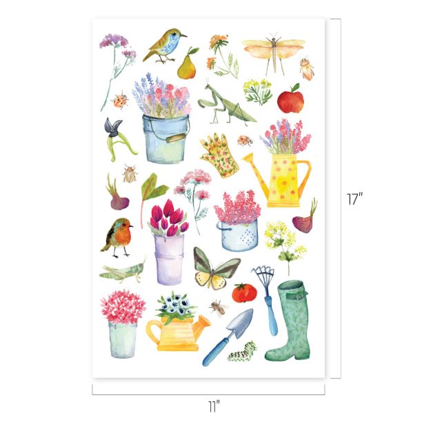 A colorful illustration featuring garden-themed items like potted flowers, a watering can, gardening tools, boots, birds, butterflies, insects, fruits, and vegetables. The image measures 11 by 17 inches.