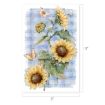 Watercolor illustration of three sunflowers with green leaves and several butterflies, set against a blue and white gingham background. The image dimensions are 11 inches by 17 inches.