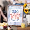 Framed sign reading "250 Years Since 1776" with stars and stripes, displayed on a table with lemonade, snacks, and flowers; people are seated in the blurred background, suggesting a celebratory outdoor gathering.