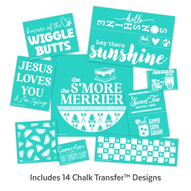 A collection of teal and white chalk transfer designs with playful summer phrases such as "Wiggle Butts," "hey there sunshine," "Jesus Loves You & I’m Tryin’," "the S’more the Merrier," and “Gimme Some Sugar.”.