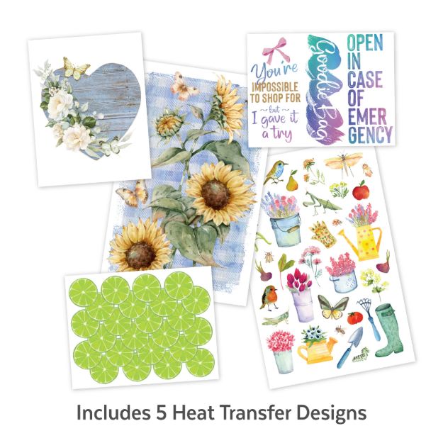 Five colorful heat transfer designs: a blue heart with white flowers, sunflowers, a quote with multicolored text, green lime slices, and a gardening-themed page with tools, flowers, and vegetables. Text reads, "Includes 5 Heat Transfer Designs.