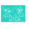 A turquoise rectangle featuring three white line drawings of Stitch from Disney’s “Lilo & Stitch” in different playful poses, with measurements 6.5 inches wide by 4.5 inches tall.