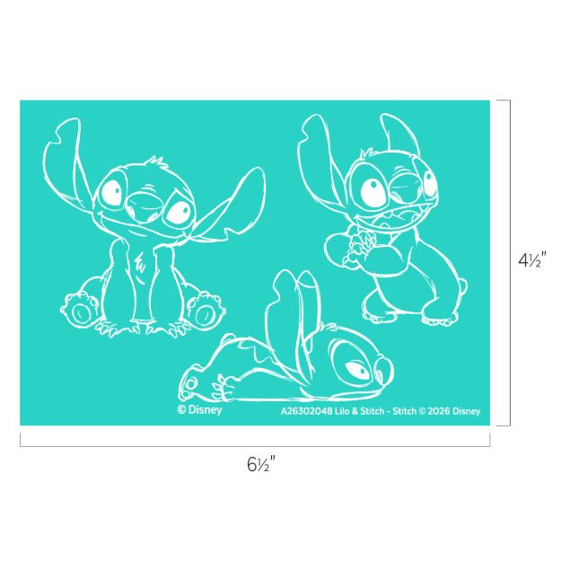 A turquoise rectangle featuring three white line drawings of Stitch from Disney’s “Lilo & Stitch” in different playful poses, with measurements 6.5 inches wide by 4.5 inches tall.