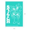 Turquoise rectangular graphic featuring two outlined images of Stitch, the Disney character, with the word "STITCH" in bold letters on the left and product dimensions marked as 6½ inches by 4½ inches.
