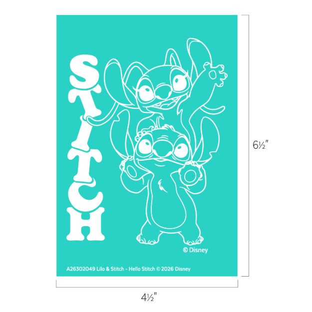 Turquoise rectangular graphic featuring two outlined images of Stitch, the Disney character, with the word "STITCH" in bold letters on the left and product dimensions marked as 6½ inches by 4½ inches.