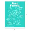 A teal poster with a white outline drawing of Stitch from Disney's Lilo & Stitch, surrounded by words: “Fluffy and cute!”, “Energetic”, “Talented”, “‘Ohana”, “Super intelligent”, and “Alien from outer space!”.
