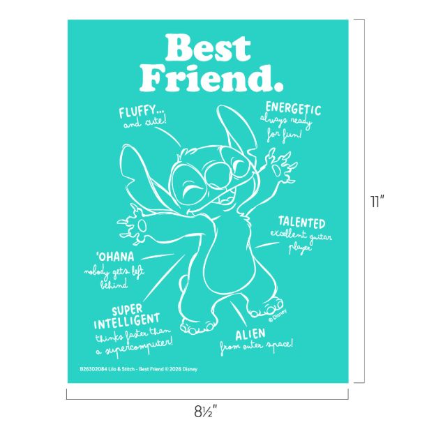 A teal poster with a white outline drawing of Stitch from Disney's Lilo & Stitch, surrounded by words: “Fluffy and cute!”, “Energetic”, “Talented”, “‘Ohana”, “Super intelligent”, and “Alien from outer space!”.