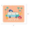 Cartoon Stitch lounges on a teal van with sunglasses, palm trees and a pineapple nearby, while Angel dances in a grass skirt; "ALOHA" is written below. Size: 11 by 8.5 inches.