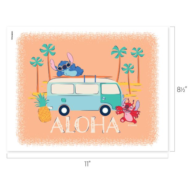 Cartoon Stitch lounges on a teal van with sunglasses, palm trees and a pineapple nearby, while Angel dances in a grass skirt; "ALOHA" is written below. Size: 11 by 8.5 inches.