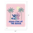 Stitch and Angel, blue and pink cartoon aliens, sit under two palm trees holding a doll on a pink beach with a sun in the background. Text below reads: "NAMA-STAY AT THE BEACH.