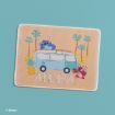 A rectangular mat with Disney's Stitch on top of a blue van, palm trees, a pineapple, and Scrump beside the van. "ALOHA" is written in large white letters on a peach background.
