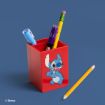 A red pen holder featuring a cartoon image of Stitch from Disney’s "Lilo & Stitch" holds two pens and a pencil. Another yellow pencil lies beside the holder, all on a blue surface.